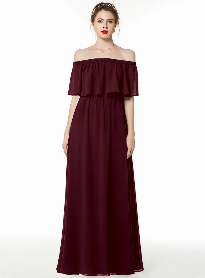 A-line Off-the-Shoulder Pleated Chiffon Floor-Length Dress Dark Green-koscy