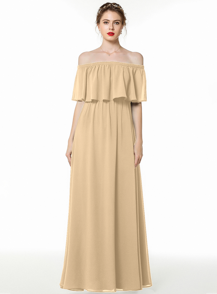 A-line Off-the-Shoulder Pleated Chiffon Floor-Length Dress Dark Green-koscy