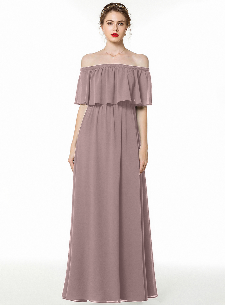 A-line Off-the-Shoulder Pleated Chiffon Floor-Length Dress Dark Green-koscy