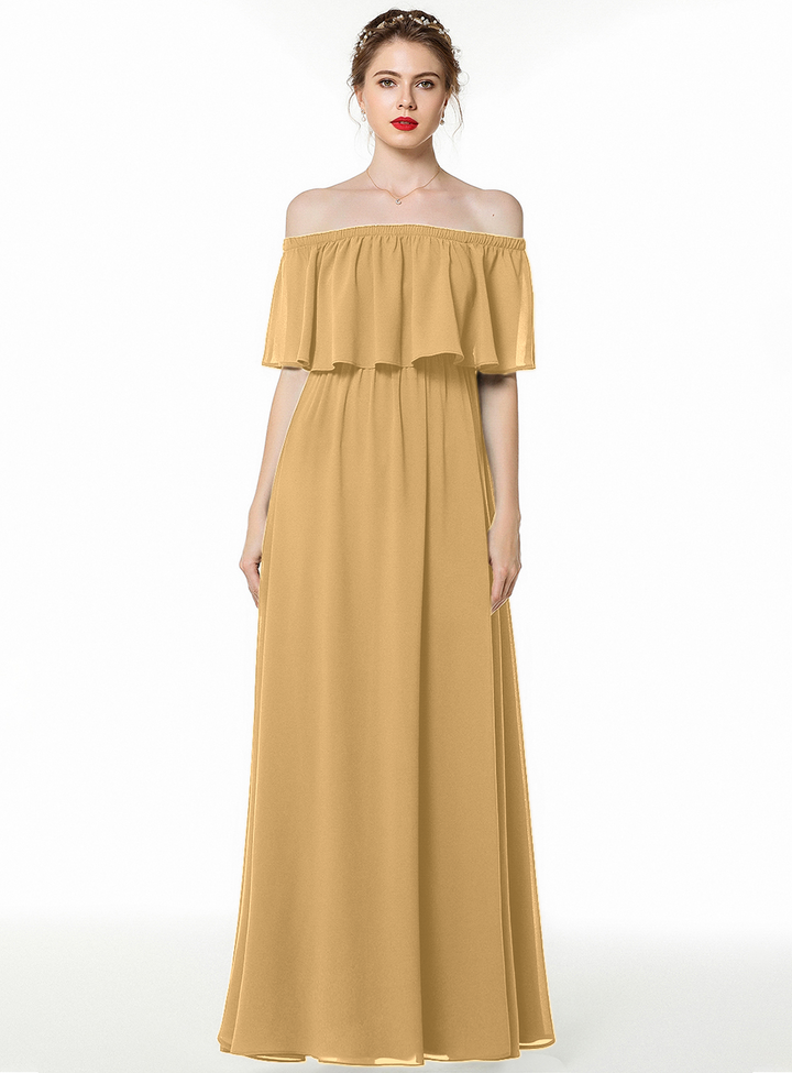 A-line Off-the-Shoulder Pleated Chiffon Floor-Length Dress Dark Green-koscy