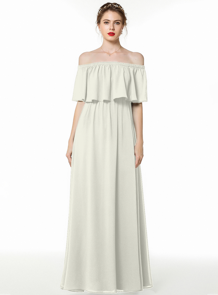 A-line Off-the-Shoulder Pleated Chiffon Floor-Length Dress Dark Green-koscy