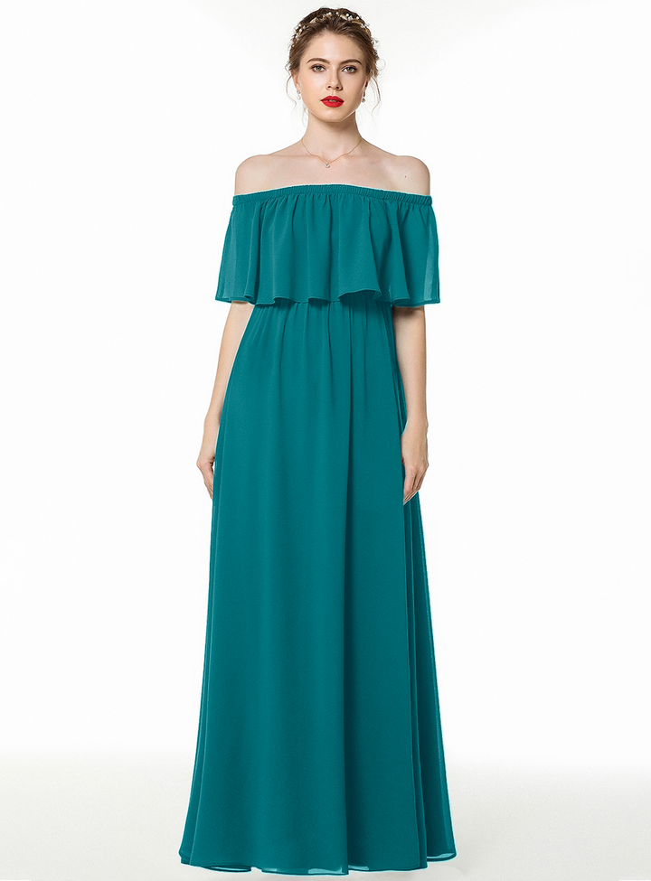 A-line Off-the-Shoulder Pleated Chiffon Floor-Length Dress Dark Green-koscy