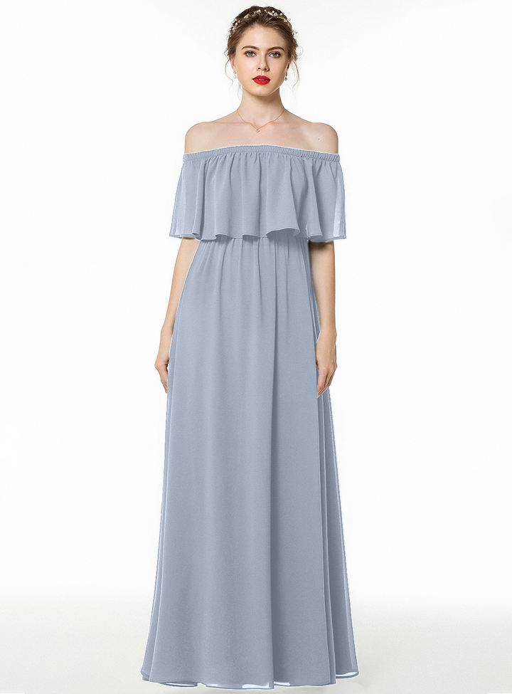 A-line Off-the-Shoulder Pleated Chiffon Floor-Length Dress Dark Green-koscy