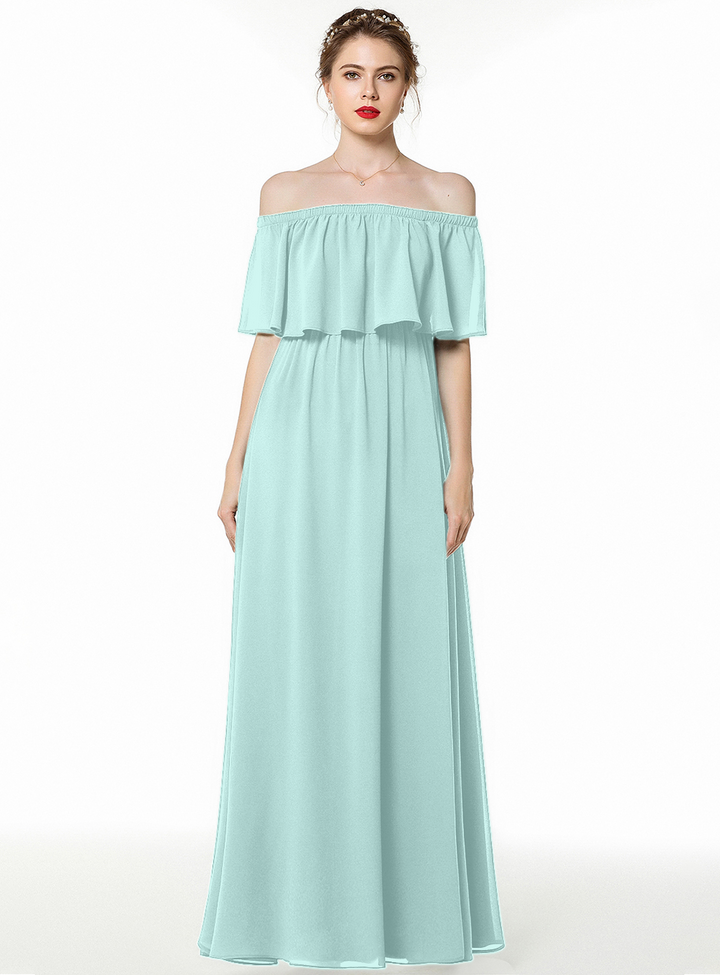 A-line Off-the-Shoulder Pleated Chiffon Floor-Length Dress Dark Green-koscy