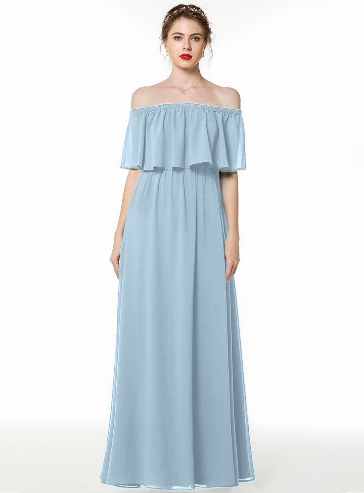 A-line Off-the-Shoulder Pleated Chiffon Floor-Length Dress Dark Green-koscy