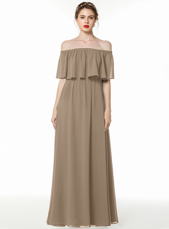 A-line Off-the-Shoulder Pleated Chiffon Floor-Length Dress Dark Green-koscy