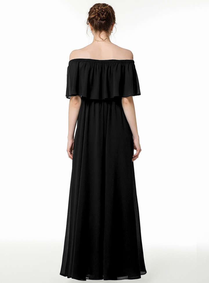 A-line Off-the-Shoulder Pleated Chiffon Floor-Length Dress Dark Green-koscy