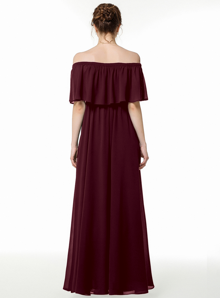 A-line Off-the-Shoulder Pleated Chiffon Floor-Length Dress Dark Green-koscy