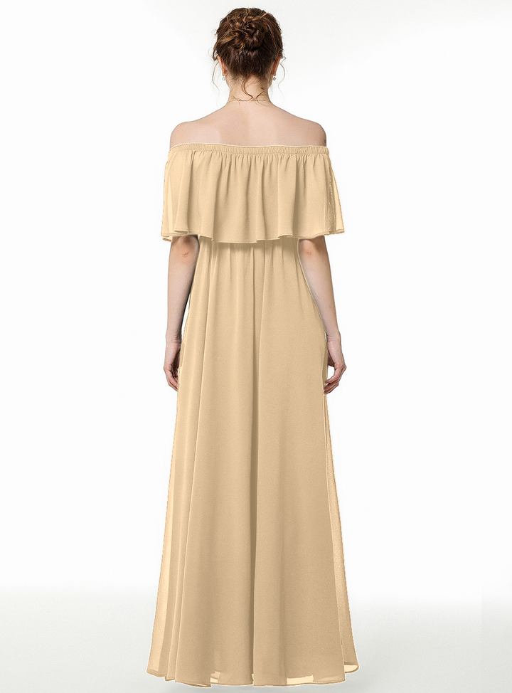 A-line Off-the-Shoulder Pleated Chiffon Floor-Length Dress Dark Green-koscy