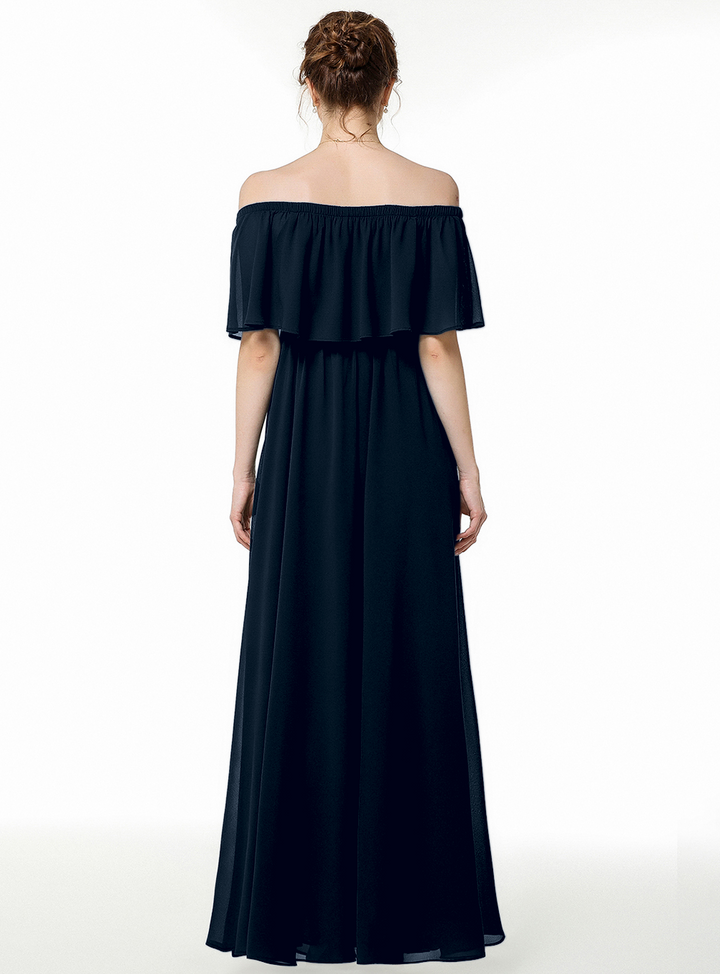 A-line Off-the-Shoulder Pleated Chiffon Floor-Length Dress Dark Green-koscy