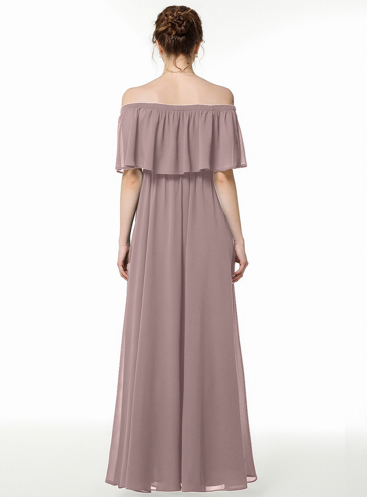 A-line Off-the-Shoulder Pleated Chiffon Floor-Length Dress Dark Green-koscy