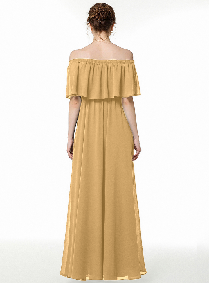 A-line Off-the-Shoulder Pleated Chiffon Floor-Length Dress Dark Green-koscy