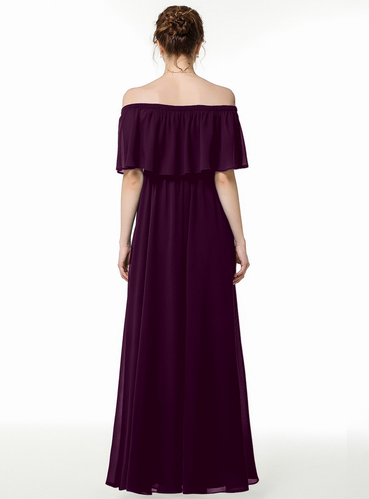 A-line Off-the-Shoulder Pleated Chiffon Floor-Length Dress Dark Green-koscy