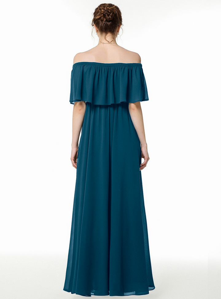 A-line Off-the-Shoulder Pleated Chiffon Floor-Length Dress Dark Green-koscy