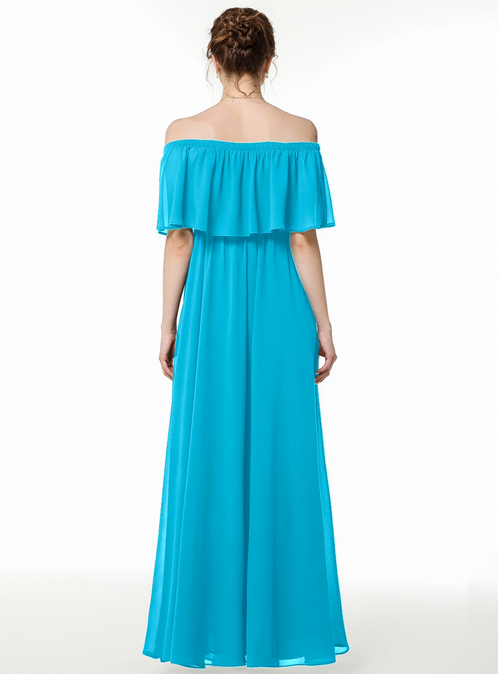 A-line Off-the-Shoulder Pleated Chiffon Floor-Length Dress Dark Green-koscy