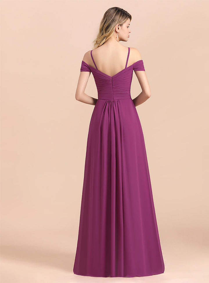 Koscy Gorgeous Off-the-Shoulder Ruffle Orchid Bridesmaid Dress Online with Slit