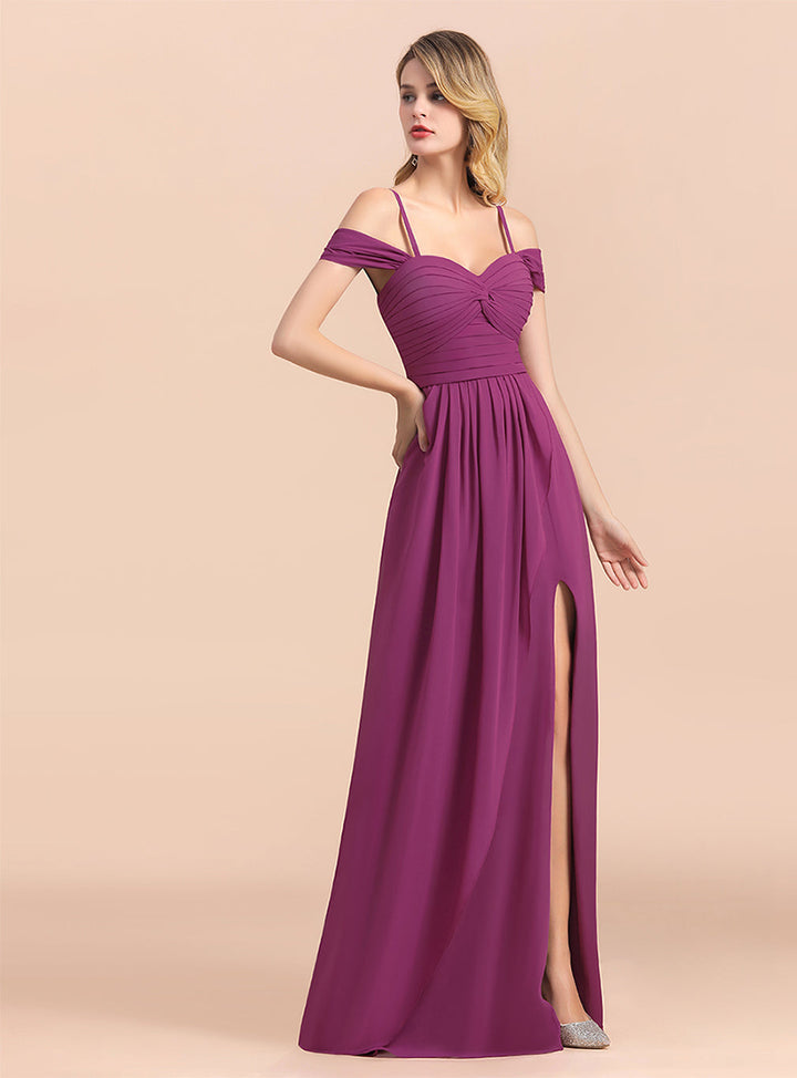 Koscy Gorgeous Off-the-Shoulder Ruffle Orchid Bridesmaid Dress Online with Slit