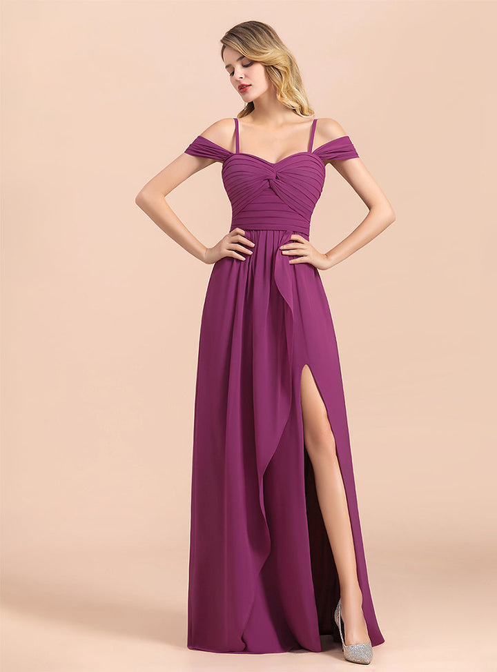 Koscy Gorgeous Off-the-Shoulder Ruffle Orchid Bridesmaid Dress Online with Slit