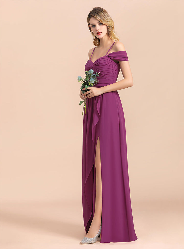 Koscy Gorgeous Off-the-Shoulder Ruffle Orchid Bridesmaid Dress Online with Slit