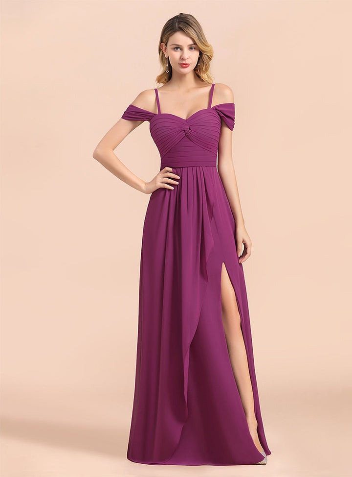 Koscy Gorgeous Off-the-Shoulder Ruffle Orchid Bridesmaid Dress Online with Slit