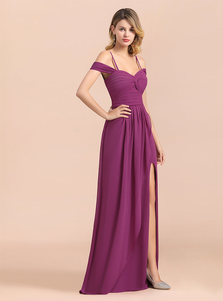 Koscy Gorgeous Off-the-Shoulder Ruffle Orchid Bridesmaid Dress Online with Slit