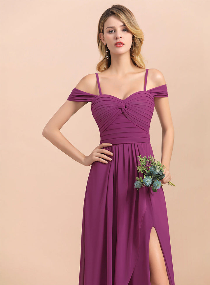 Koscy Gorgeous Off-the-Shoulder Ruffle Orchid Bridesmaid Dress Online with Slit