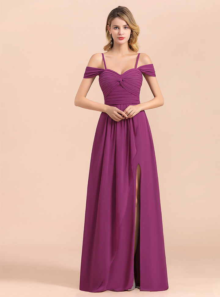 Koscy Gorgeous Off-the-Shoulder Ruffle Orchid Bridesmaid Dress Online with Slit