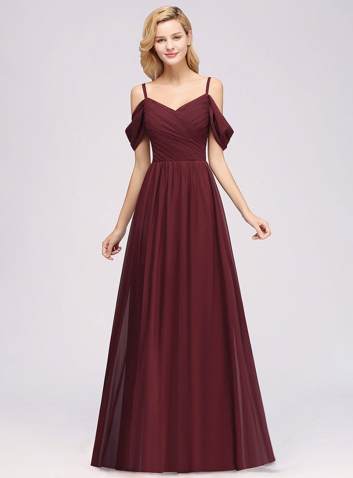 A-line Off-the-shoulder Ruffle Chiffon Floor-Length Dress-koscy