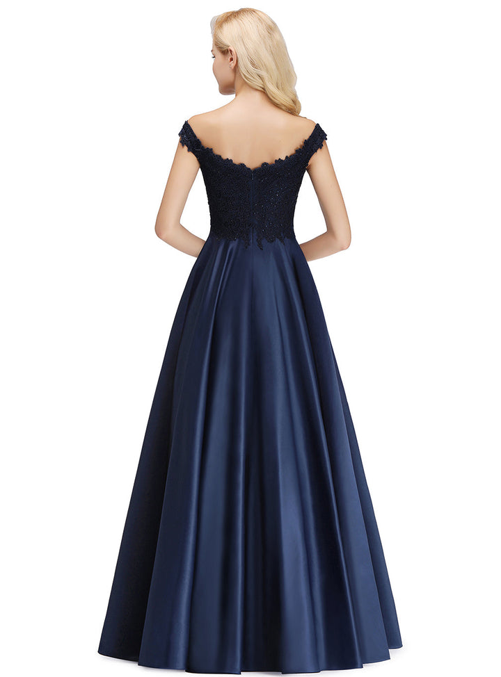 A-line Off-the-Shoulder Satin Lace Floor-Length Dress with Beads-koscy