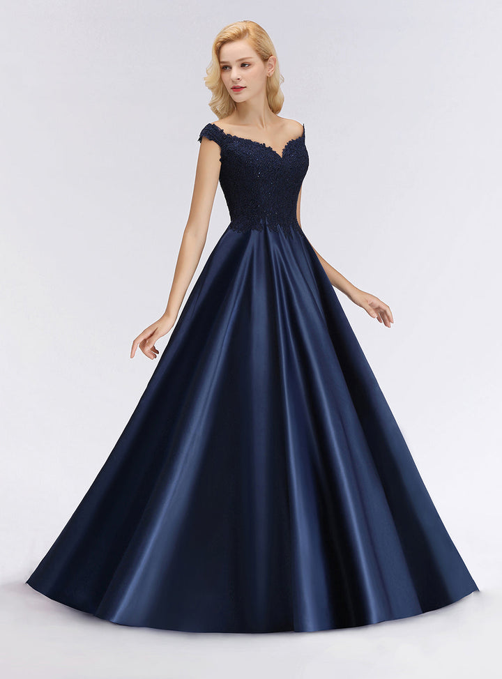 A-line Off-the-Shoulder Satin Lace Floor-Length Dress with Beads-koscy