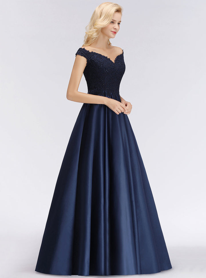 A-line Off-the-Shoulder Satin Lace Floor-Length Dress with Beads-koscy