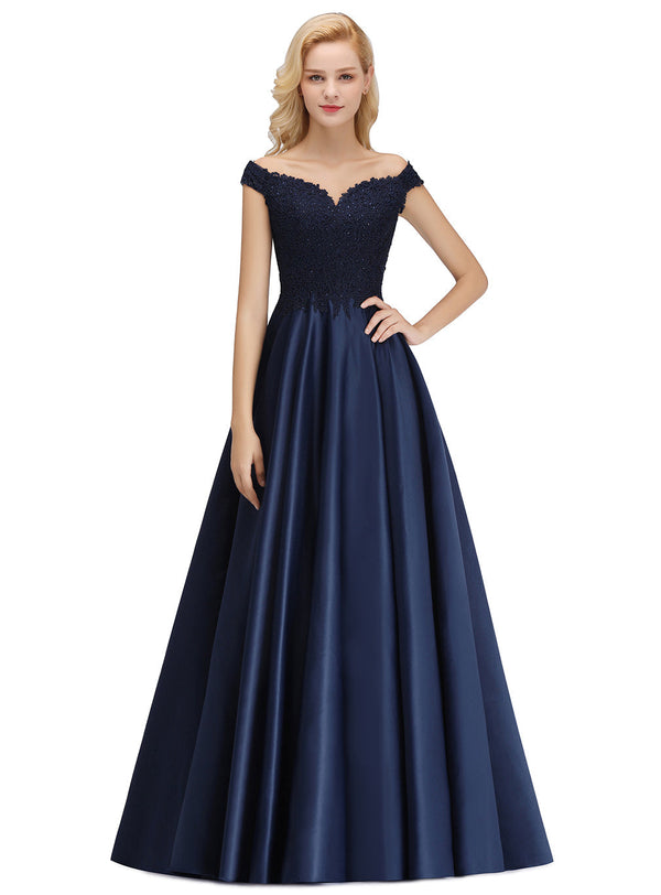 A-line Off-the-Shoulder Satin Lace Floor-Length Dress with Beads-koscy