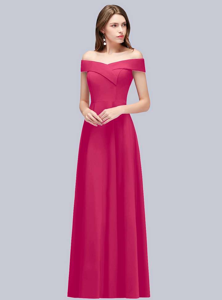 A-line Off-the-Shoulder Stretch Satin Floor-Length Dress Navy-koscy