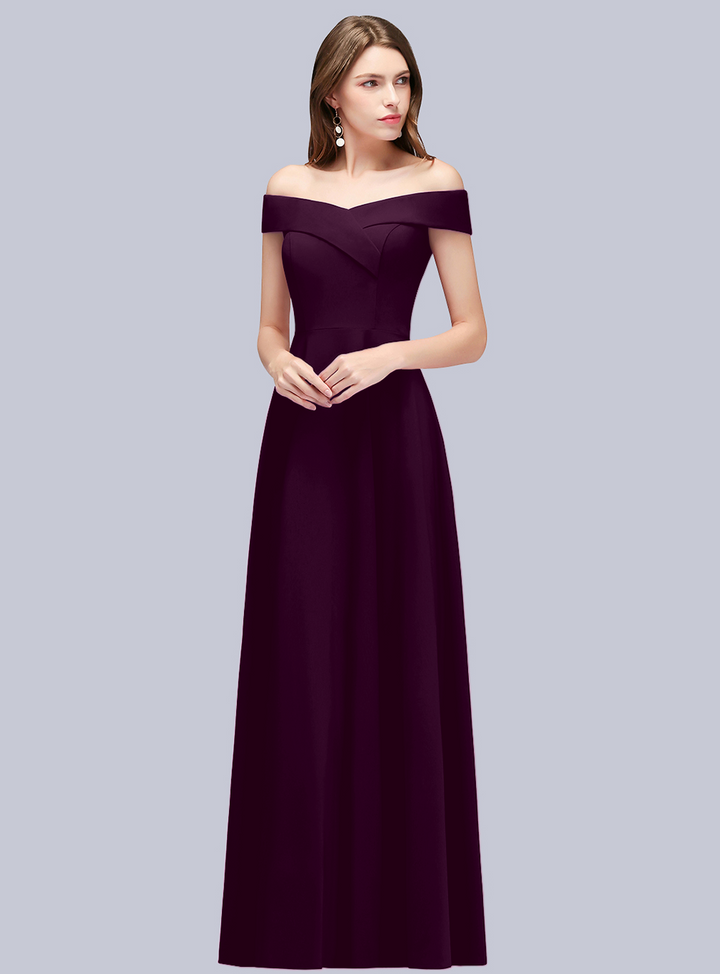 A-line Off-the-Shoulder Stretch Satin Floor-Length Dress Navy-koscy