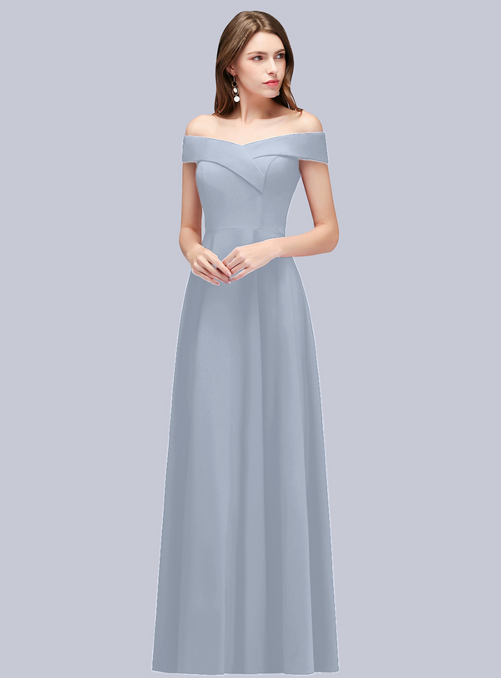 A-line Off-the-Shoulder Stretch Satin Floor-Length Dress Navy-koscy