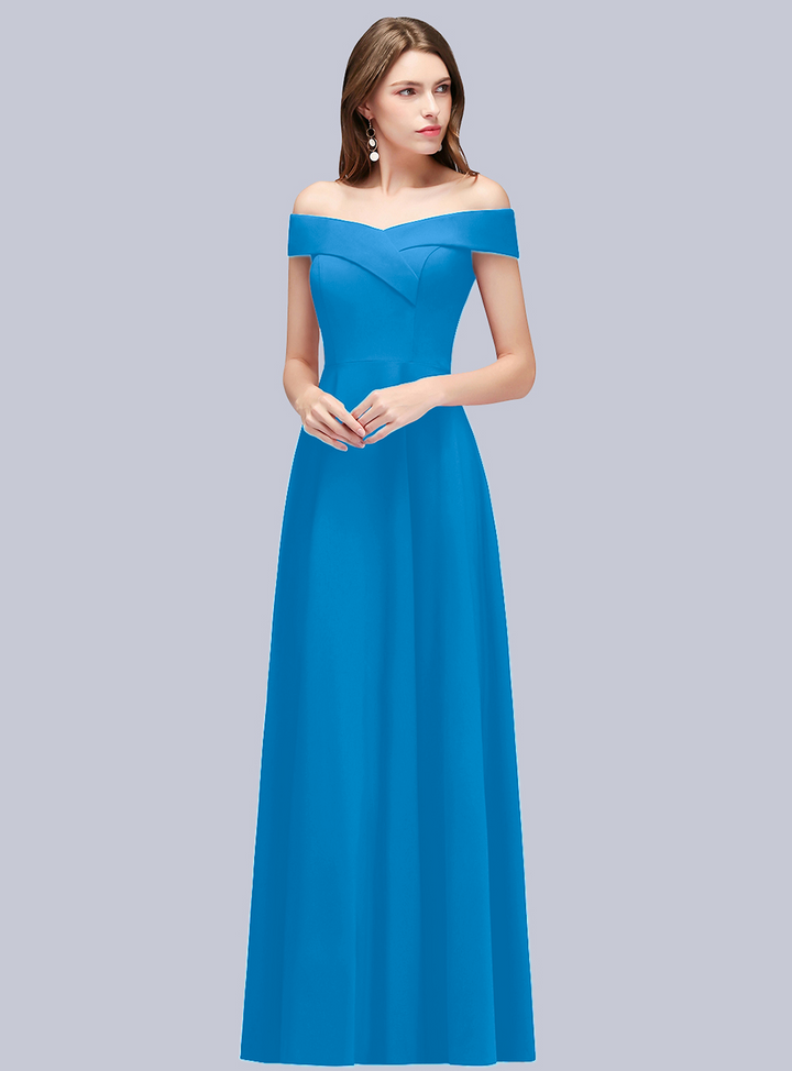 A-line Off-the-Shoulder Stretch Satin Floor-Length Dress Navy-koscy