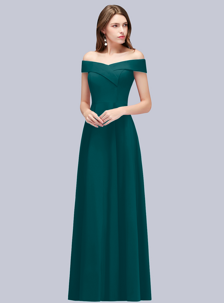 A-line Off-the-Shoulder Stretch Satin Floor-Length Dress Navy-koscy