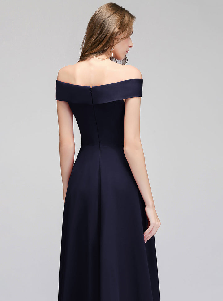 Koscy Popular Off-the-Shoulder Ruffle Navy Bridesmaid Dresses Online