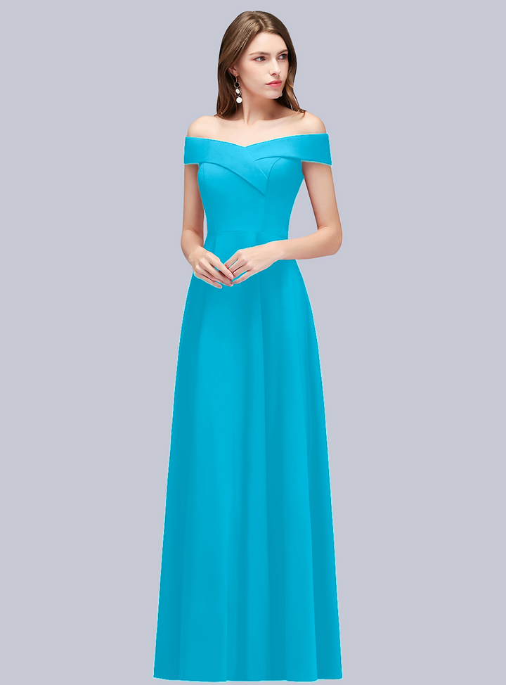 A-line Off-the-Shoulder Stretch Satin Floor-Length Dress Navy-koscy