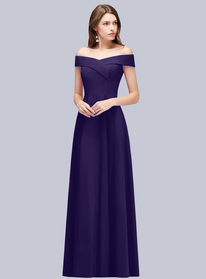 A-line Off-the-Shoulder Stretch Satin Floor-Length Dress Navy-koscy