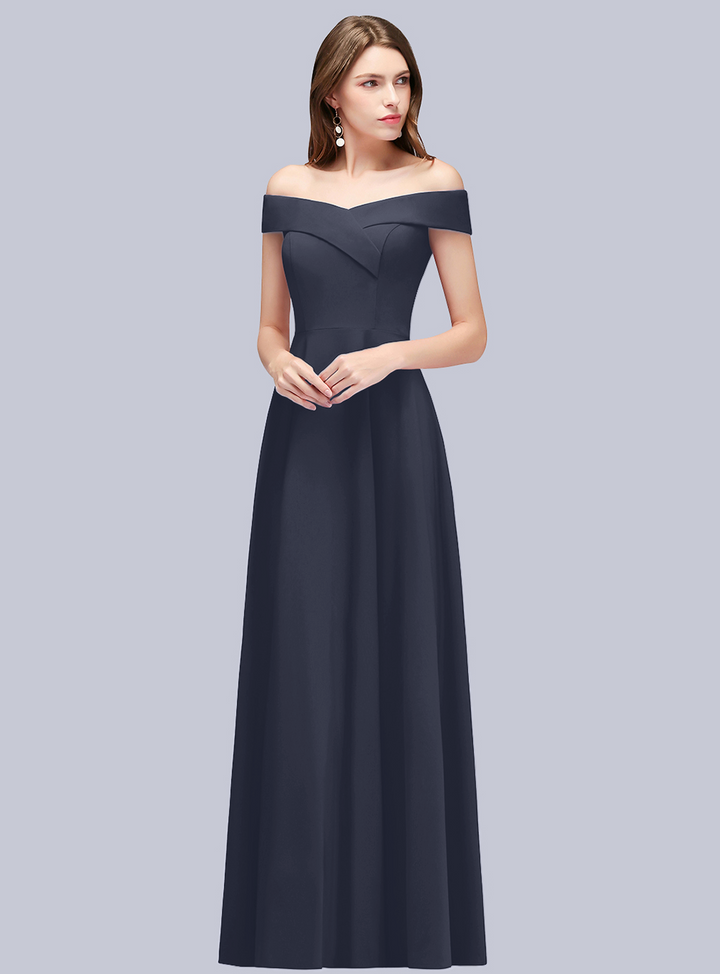 A-line Off-the-Shoulder Stretch Satin Floor-Length Dress Navy-koscy