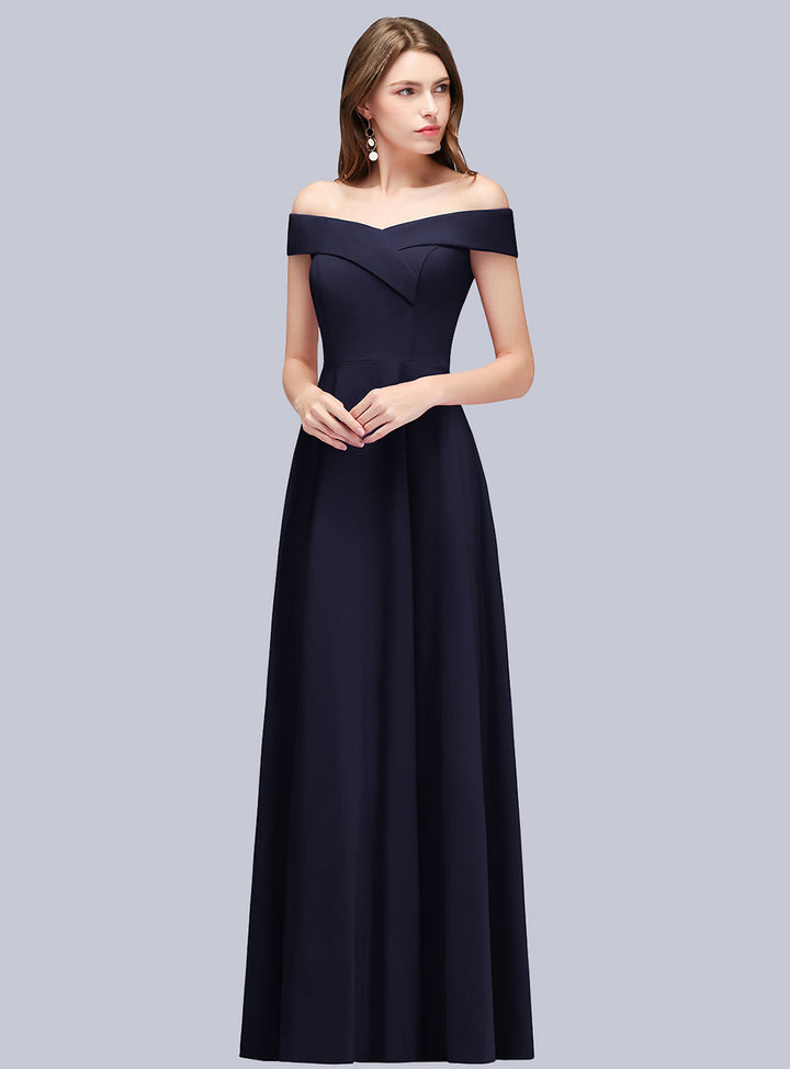 A-line Off-the-Shoulder Stretch Satin Floor-Length Dress Navy-koscy