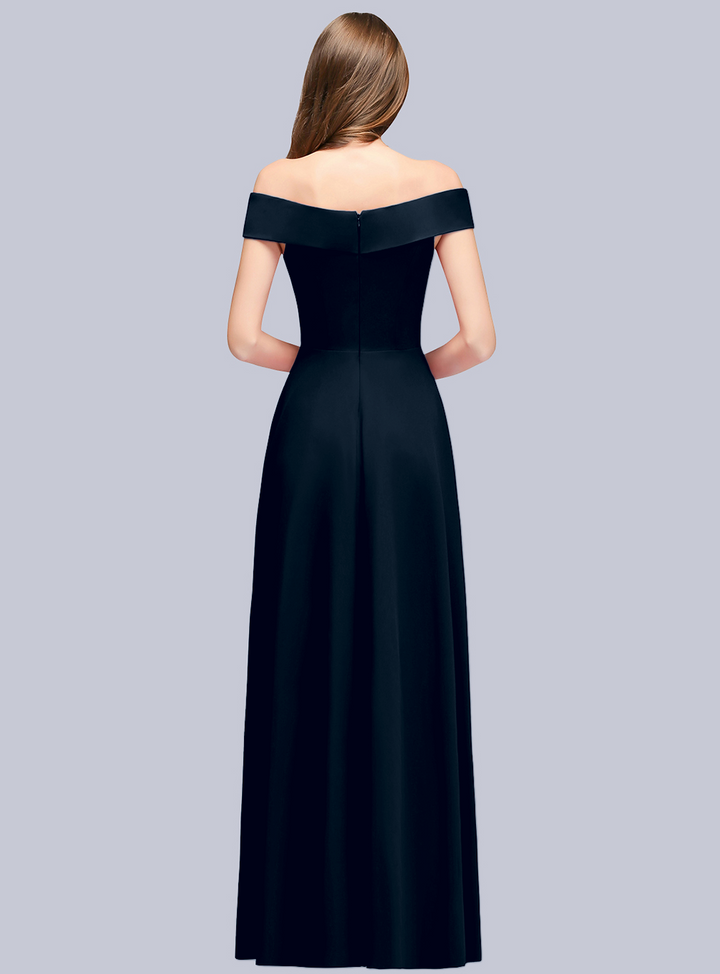 A-line Off-the-Shoulder Stretch Satin Floor-Length Dress Navy-koscy