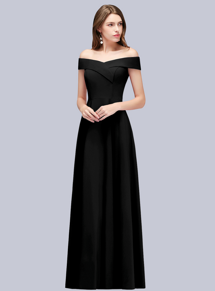 A-line Off-the-Shoulder Stretch Satin Floor-Length Dress Navy-koscy