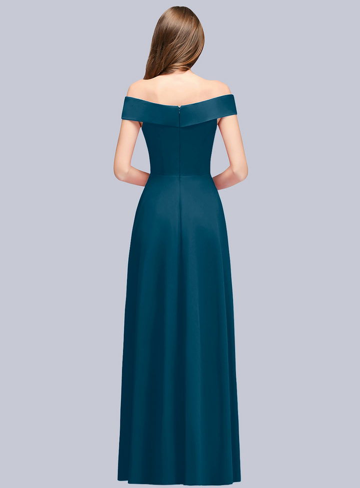 A-line Off-the-Shoulder Stretch Satin Floor-Length Dress Navy-koscy