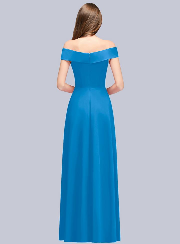 A-line Off-the-Shoulder Stretch Satin Floor-Length Dress Navy-koscy