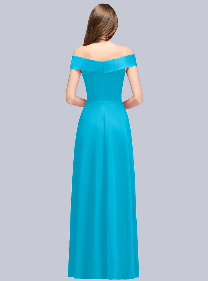 A-line Off-the-Shoulder Stretch Satin Floor-Length Dress Navy-koscy