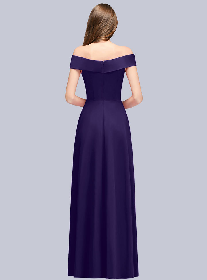 A-line Off-the-Shoulder Stretch Satin Floor-Length Dress Navy-koscy