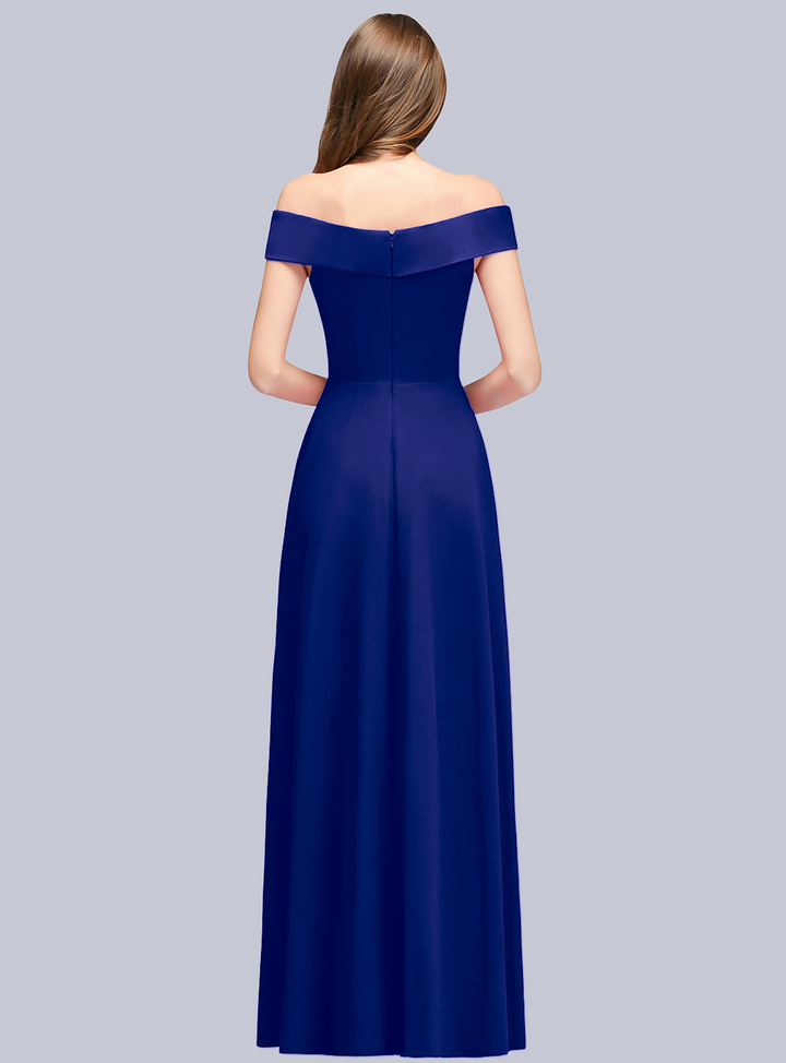 A-line Off-the-Shoulder Stretch Satin Floor-Length Dress Navy-koscy