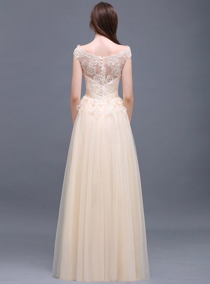 A-line Off-the-Shoulder Tulle Lace Floor-Length Dress Champagne-koscy